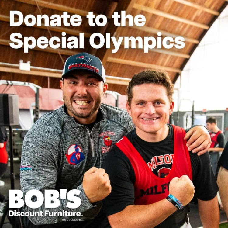 Donate to the Special Olympics text over two men in athletic gear with clenched fists, promoting Bob's Discount Furniture donation campaign.