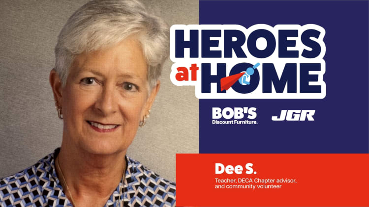 Dee S., teacher, DECA chapter advisor, and community volunteer featured in "Heroes at Home" campaign sponsored by Bob's Discount Furniture and JGR.