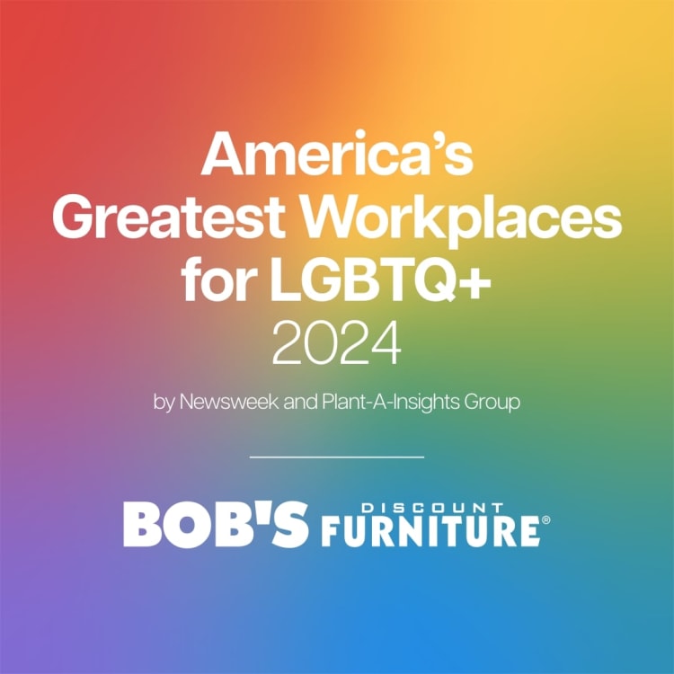 America’s Greatest Workplaces for LGBTQ+ 2024 by Newsweek and Plant-A-Insights Group with Bob’s Discount Furniture logo on a colorful gradient background.