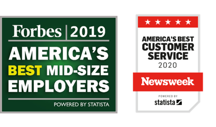Forbes 2019 America’s Best Mid-Size Employers badge powered by Statista alongside Newsweek America’s Best Customer Service 2020 award powered by Statista, highlighting company recognition for employee satisfaction and customer service excellence.