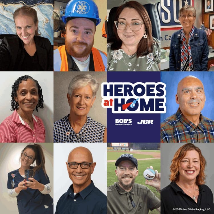 Collage of diverse individuals surrounding a central graphic with text "HEROES at HOME" featuring logos for Bob's Discount Furniture and JGR, highlighting a community or support campaign.