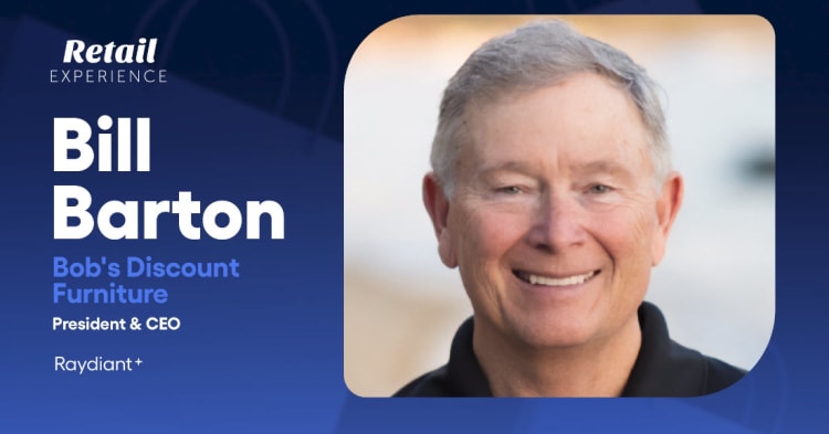 Retail Experience banner featuring Bill Barton, President & CEO of Bob's Discount Furniture, with company and role details on a blue gradient background.