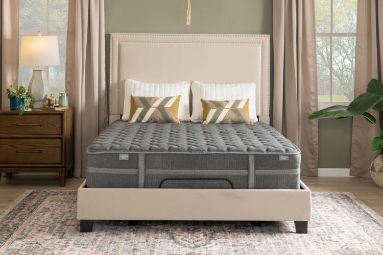 Modern bedroom setup featuring a beige upholstered bed frame with nailhead trim, a gray tufted mattress labeled "Cushion Firm" and "Extra Firm," two white pillows, and decorative geometric-patterned lumbar pillows. The room includes a wooden nightstand with a lamp and plant, large windows with beige curtains, and a patterned area rug.