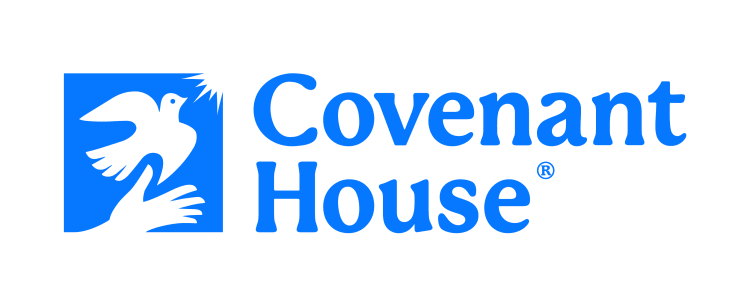 Covenant House logo with a blue square featuring a black dove and hand, accompanied by the text "Covenant House" in blue, symbolizing shelter and support.