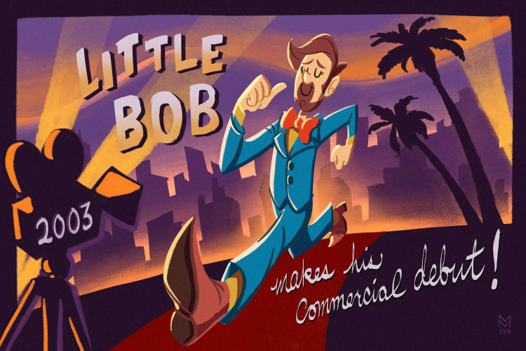 Animated promotional poster for "Little Bob" showing a cheerful man in a blue suit and red bow tie running on a red carpet with palm trees and city skyline in the background. Text reads: "Little Bob makes his Commercial debut! 2003." The design evokes a classic Hollywood commercial debut theme.