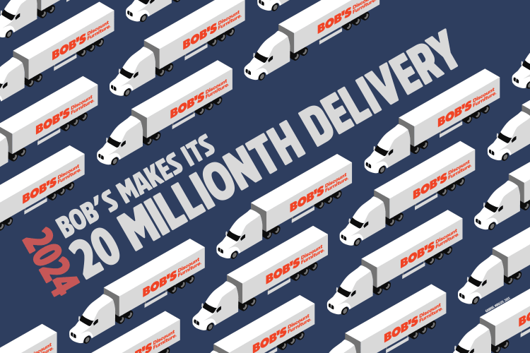 Multiple white delivery trucks with "BOB'S Discount Furniture" logos on their trailers are shown on a dark blue background. The text reads: "BOB'S MAKES ITS 20 MILLIONTH DELIVERY 2024" in large, bold letters, highlighting a milestone delivery achievement for Bob's Discount Furniture.