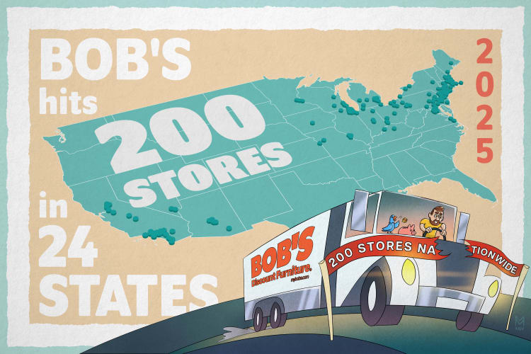 BOB'S hits 200 stores in 24 states by 2025, shown on a US map with store locations and a delivery truck illustration.