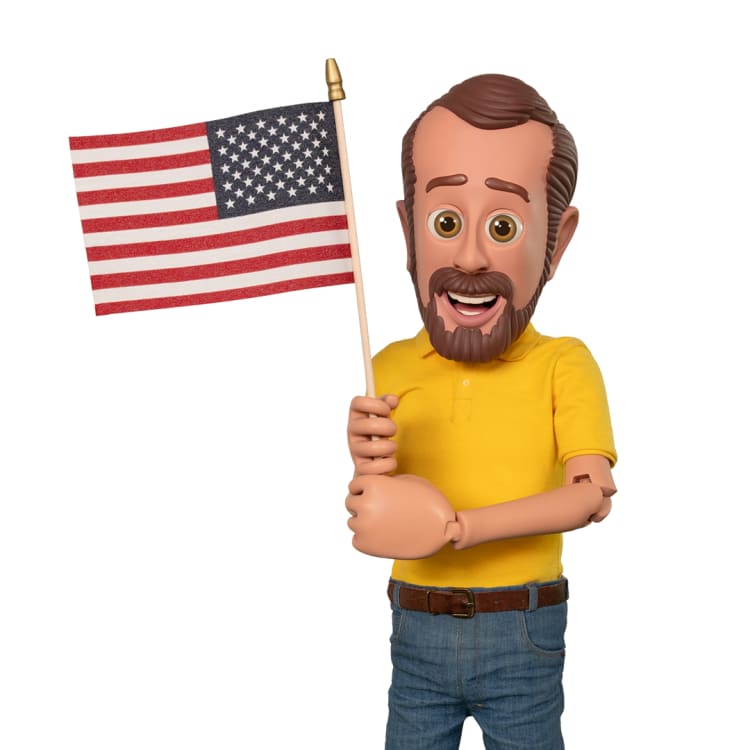 3D cartoon man with brown hair and beard wearing a yellow polo shirt and jeans, holding a waving American flag on a wooden stick.