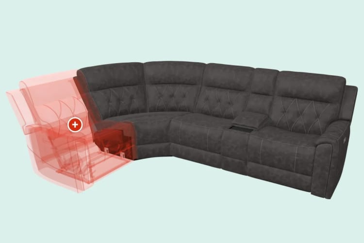 Dark gray sectional recliner sofa with diamond-stitched back cushions and adjustable reclining seat on left side, showcasing comfort and modern design.