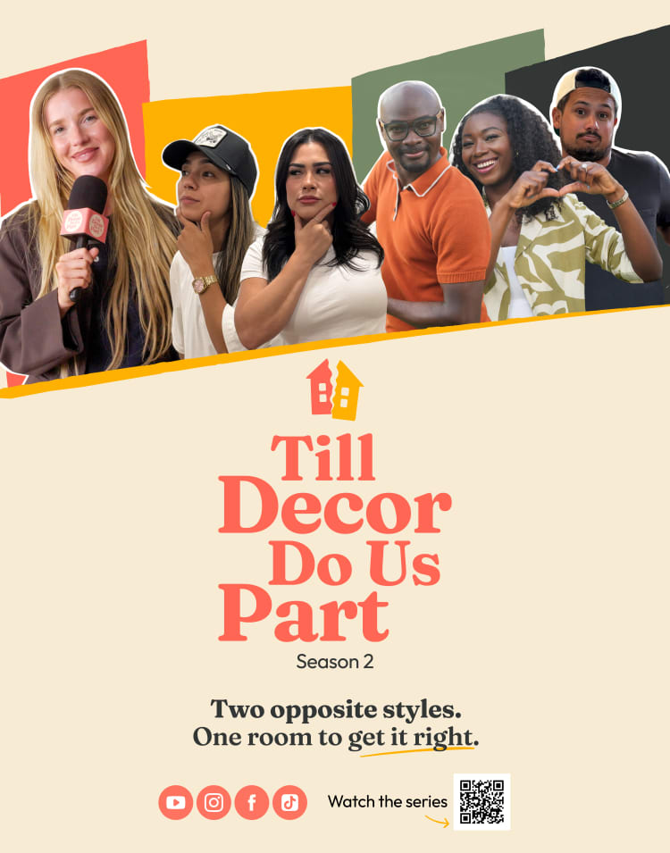 Promotional banner for "Till Decor Do Us Part Season 2" featuring six diverse hosts above the title. Text reads: "Two opposite styles. One room to get it right." Includes social media icons and a QR code to watch the series. Bright, modern design with colorful geometric shapes.