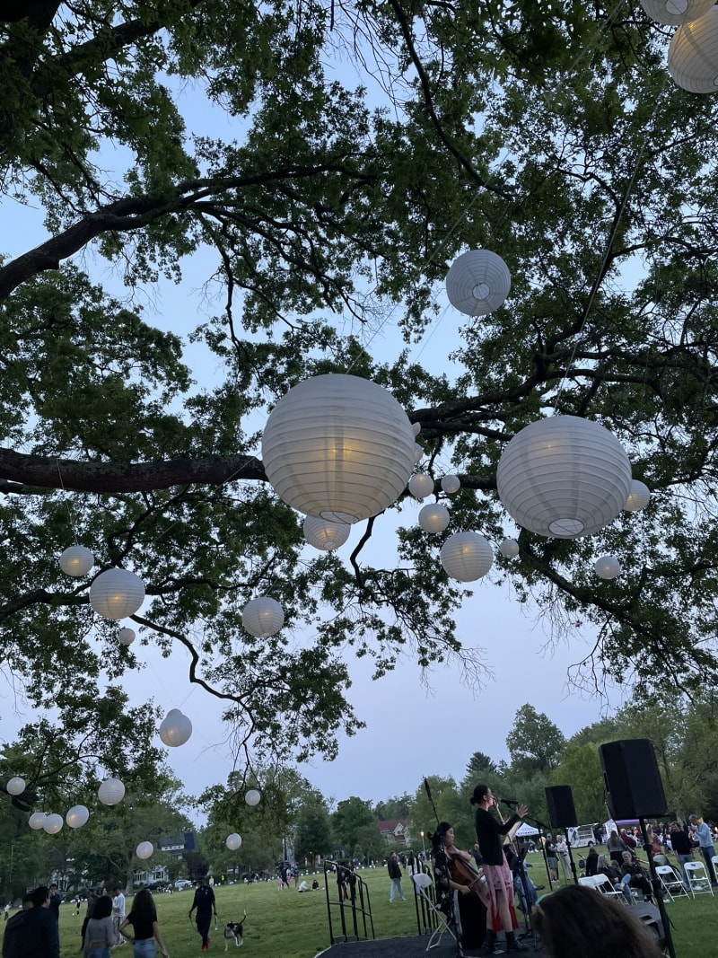 Outdoor event with white paper lanterns hanging from tree branches above a grassy park area where people gather, some seated and others standing near microphones.