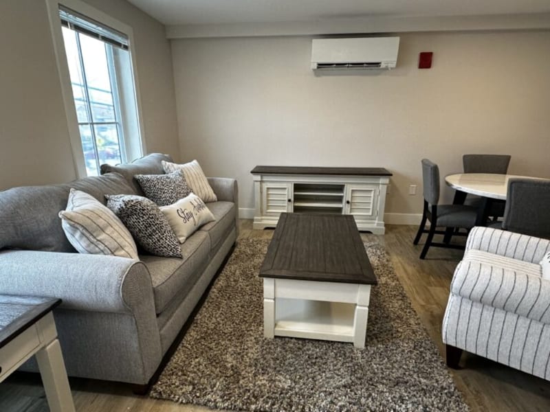Modern living room with gray fabric sofa and armchair, dark wood coffee and TV tables, beige textured rug, and light wood flooring.