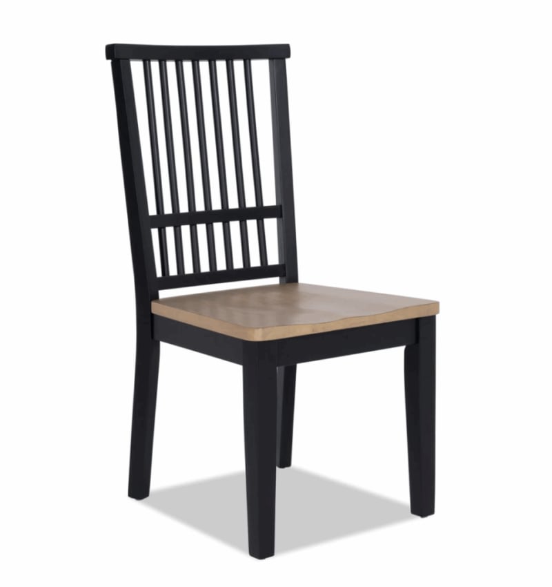 Wooden dining chair with black painted frame and natural wood finish seat, featuring vertical slat backrest and square legs.