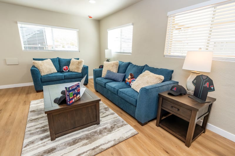 Living room with blue fabric sofas, beige fluffy pillows, wooden coffee table with board game, side table with lamp, and Arizona Diamondbacks baseball decor.