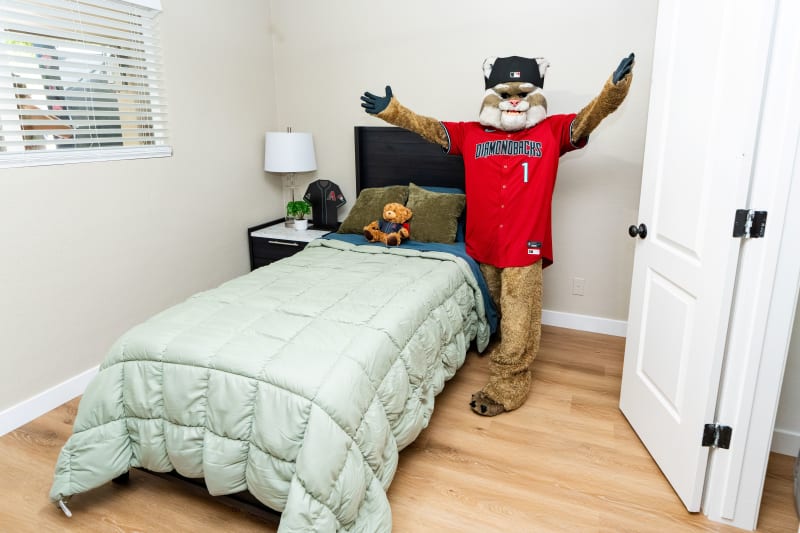 A bedroom with light wood flooring, a twin bed with a light green quilt, two green pillows, a teddy bear, and a mascot wearing a red Diamondbacks jersey and black cap with arms raised.