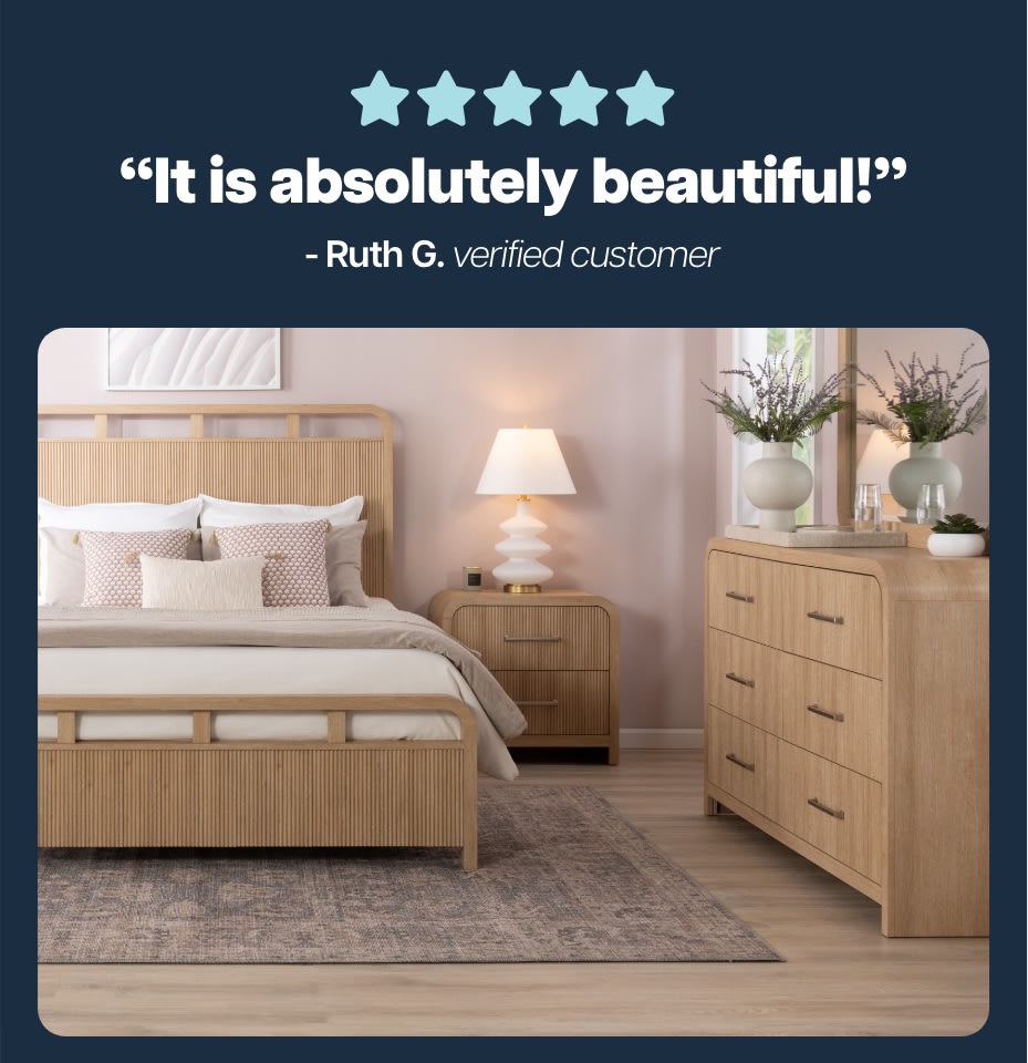Light brown 4 piece bedroom set with bed, dresser, mirror, and nightstand.  Text reads: It is absolutely beautiful! Ruth G - verified customer
