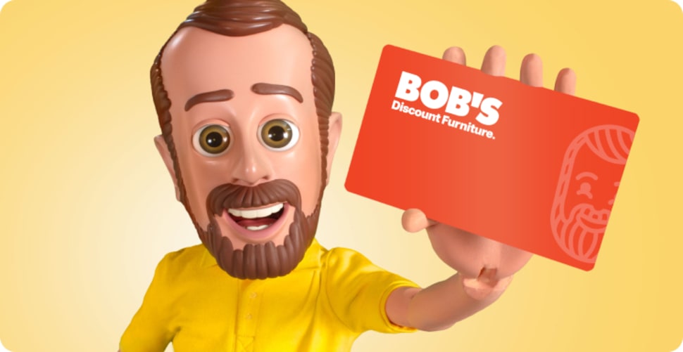 Character holding a Bob's Furniture credit card