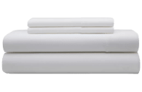 White folded 3 piece fitted sheet, bed sheet, and pillow case