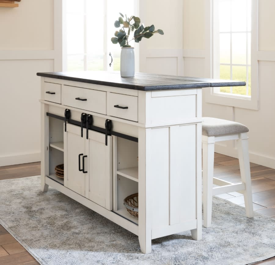 White and gray kitchen island with storage with backless stool.