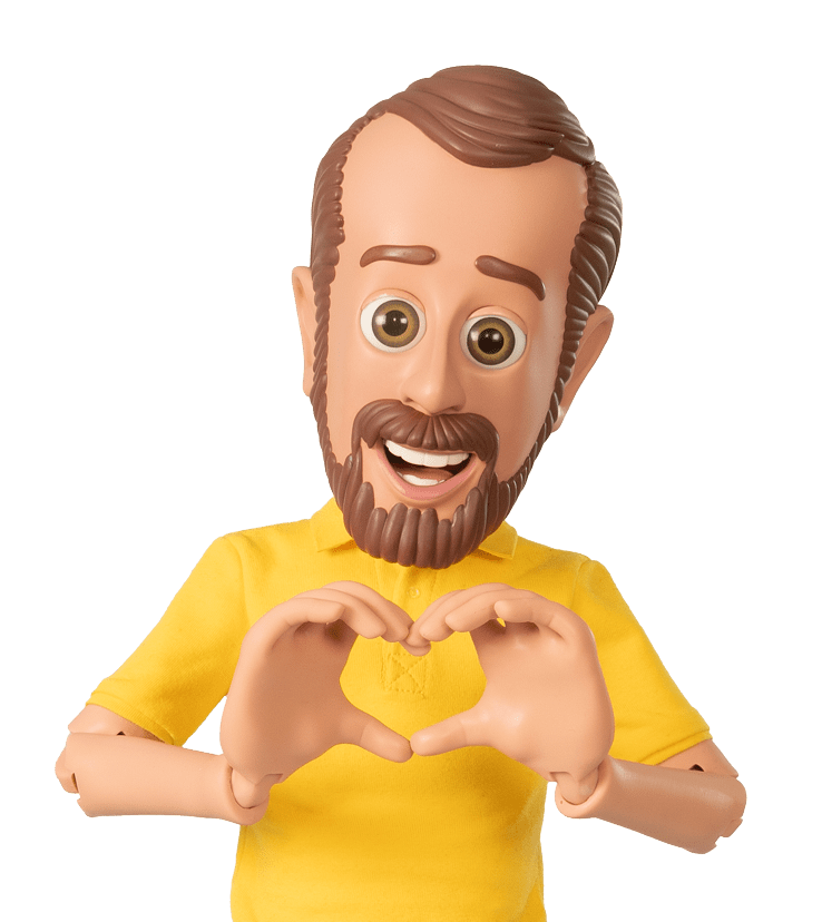 A caricature of Bob wearing a yellow shirt forms a heart shape with both hands, symbolizing love or appreciation.