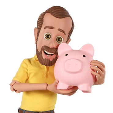 Caricature of Bob wearing a yellow shirt holding a large pink piggy bank.
