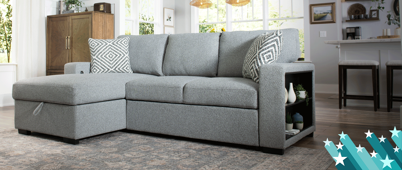 Gray chaise sectional sofa with pop up storage and side storage