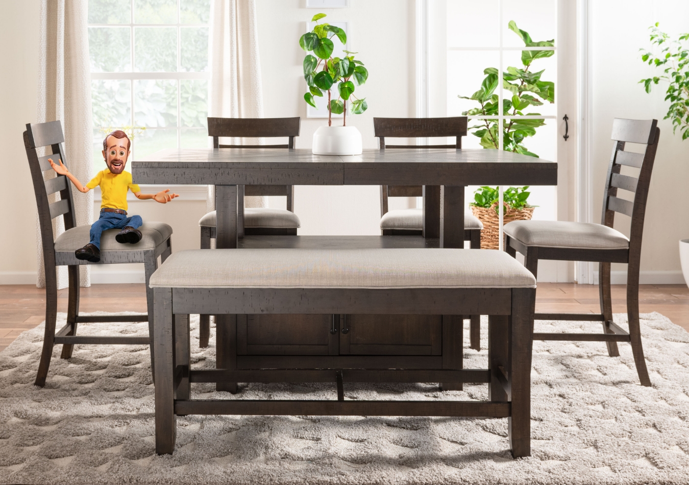 Dining room with dark brown rectangular counter height dining table, 4 dark brown and beige ladder back upholstered counter height stools, brown and beige upholstered counter height bench, and a beige abstract rug.