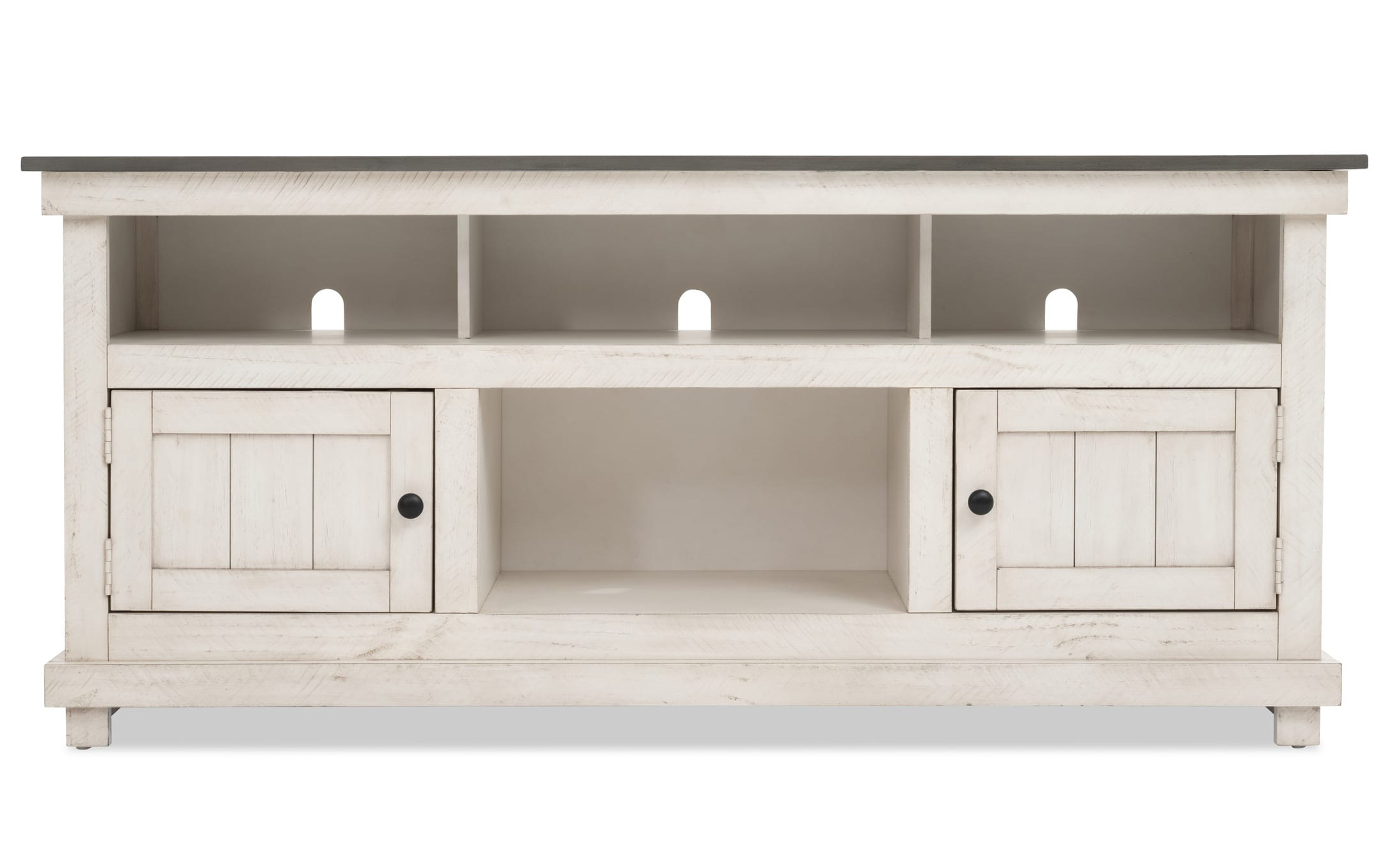 Navy TV stand with storage shelves and cord management openings, with two cabinet style doors on each side for additional storage.