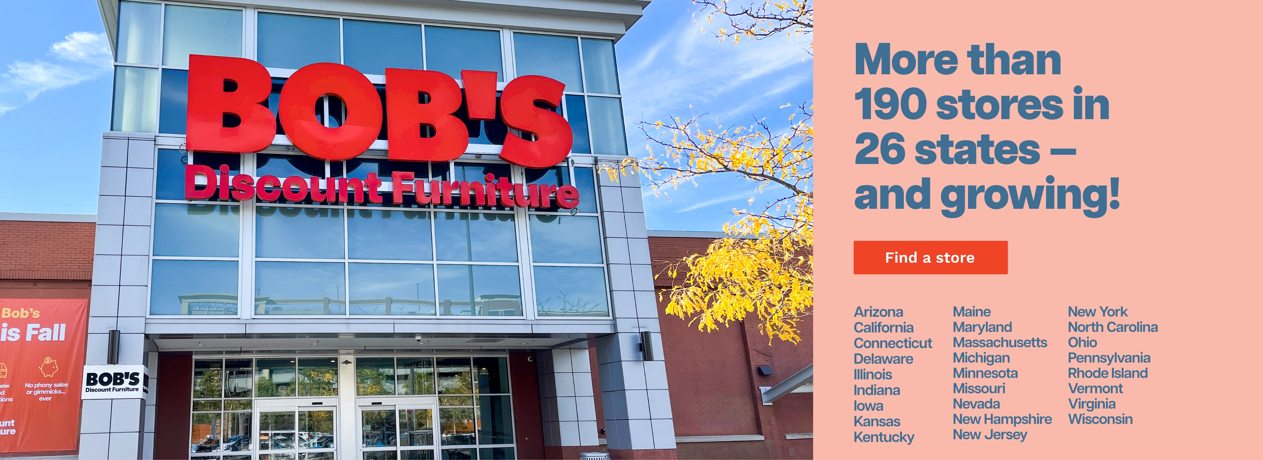 Exterior of a Bob's Discount Furniture store, highlighting over 190 locations in 24 states, featuring "Find a store" button.
