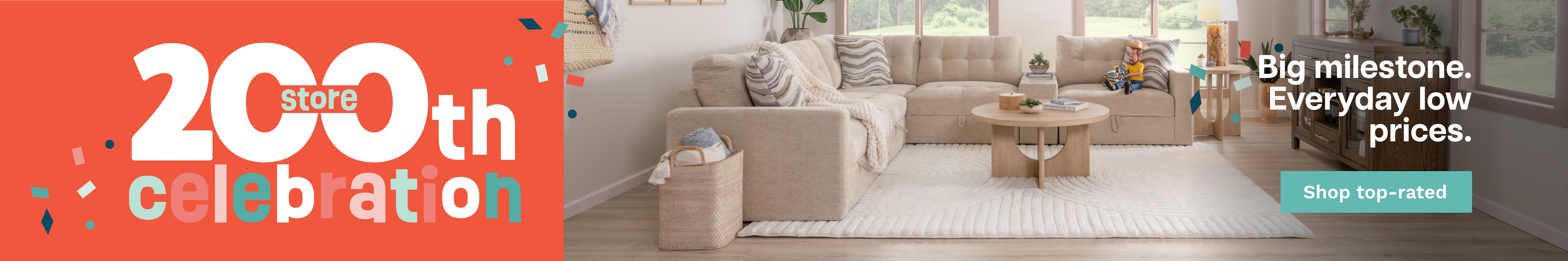 Promotional image featuring a stylish sectional sofa celebrating the store's 200th location with a "Shop top-rated" button.