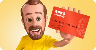 Character holding a Bob's Furniture credit card