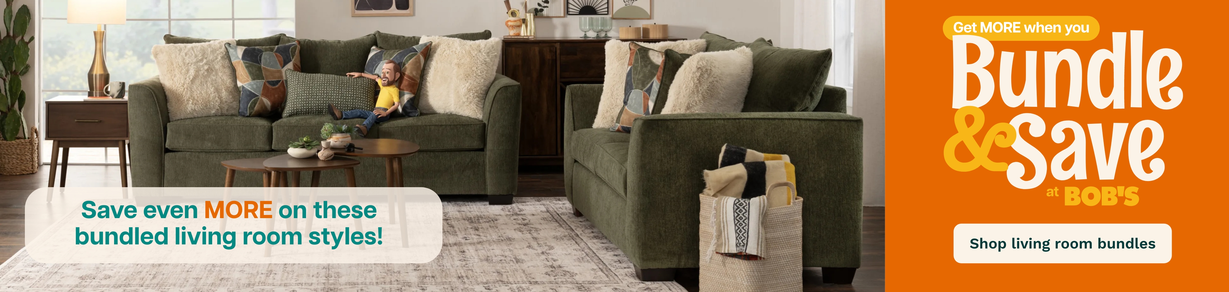 A furnished room showcasing a banner that says "Bundle and Save," highlighting the more you buy, the more you save.