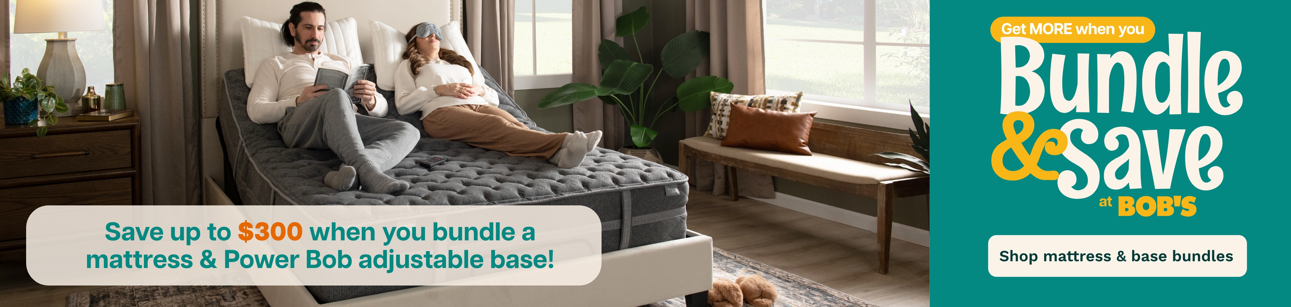 A couple sleeping on their new mattress and power base. The more you buy the more you save at Bob's.