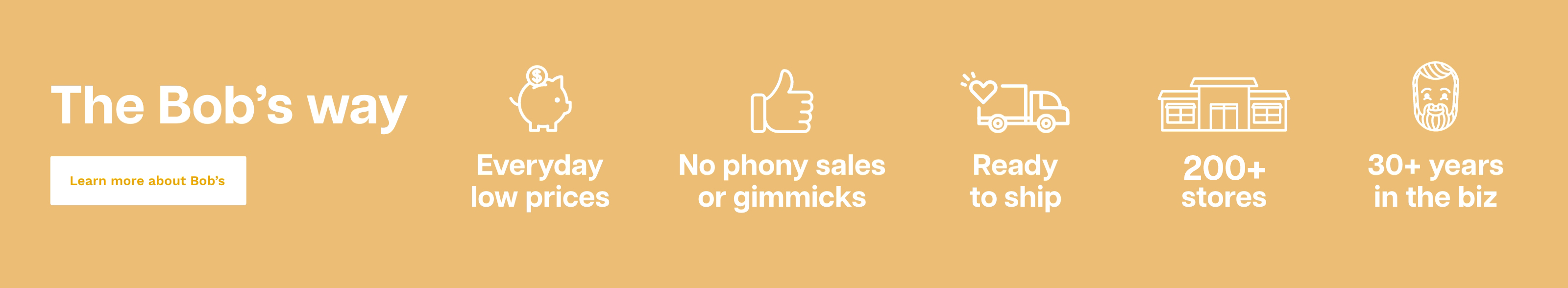 Orange banner explaining Bob's values for 30+ years. Everyday low prices, no phony sales or gimmicks, furniture ready to ship, and over 200 stores.