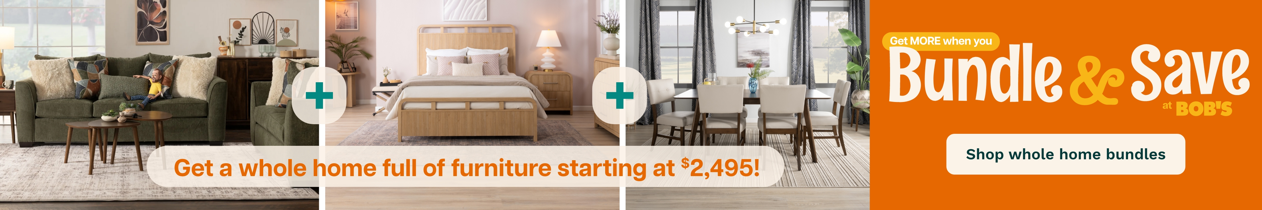 A many furnished room showcasing a banner that says "Bundle and Save," highlighting the you can purchase a house full of furniture for under $2,999.