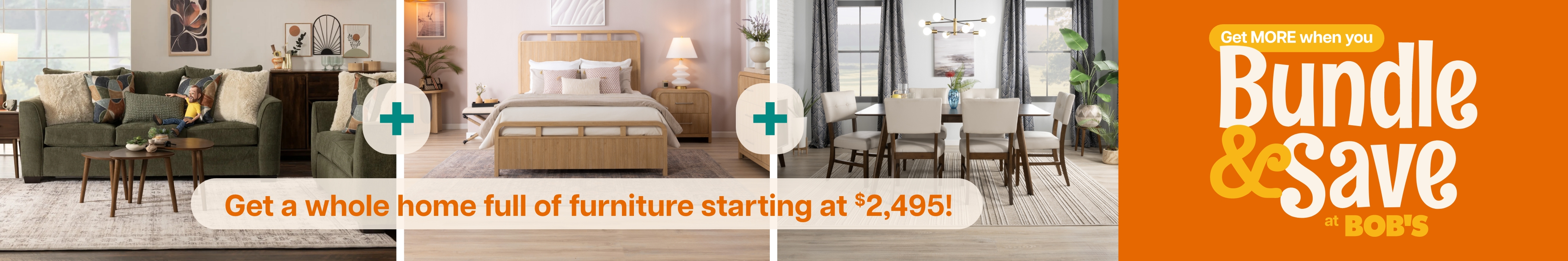 A many furnished room showcasing a banner that says "Bundle and Save," highlighting the you can purchase a home full of furniture for less than $2,999.