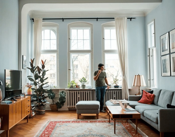 jeune homme telephone dans grand appartement