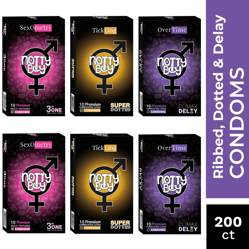 NottyBoy 200 Condoms - An Assortment of 3in1 Ribs & Dots, Extra Dotted and Long Last Condoms With Special Delay Lubricant