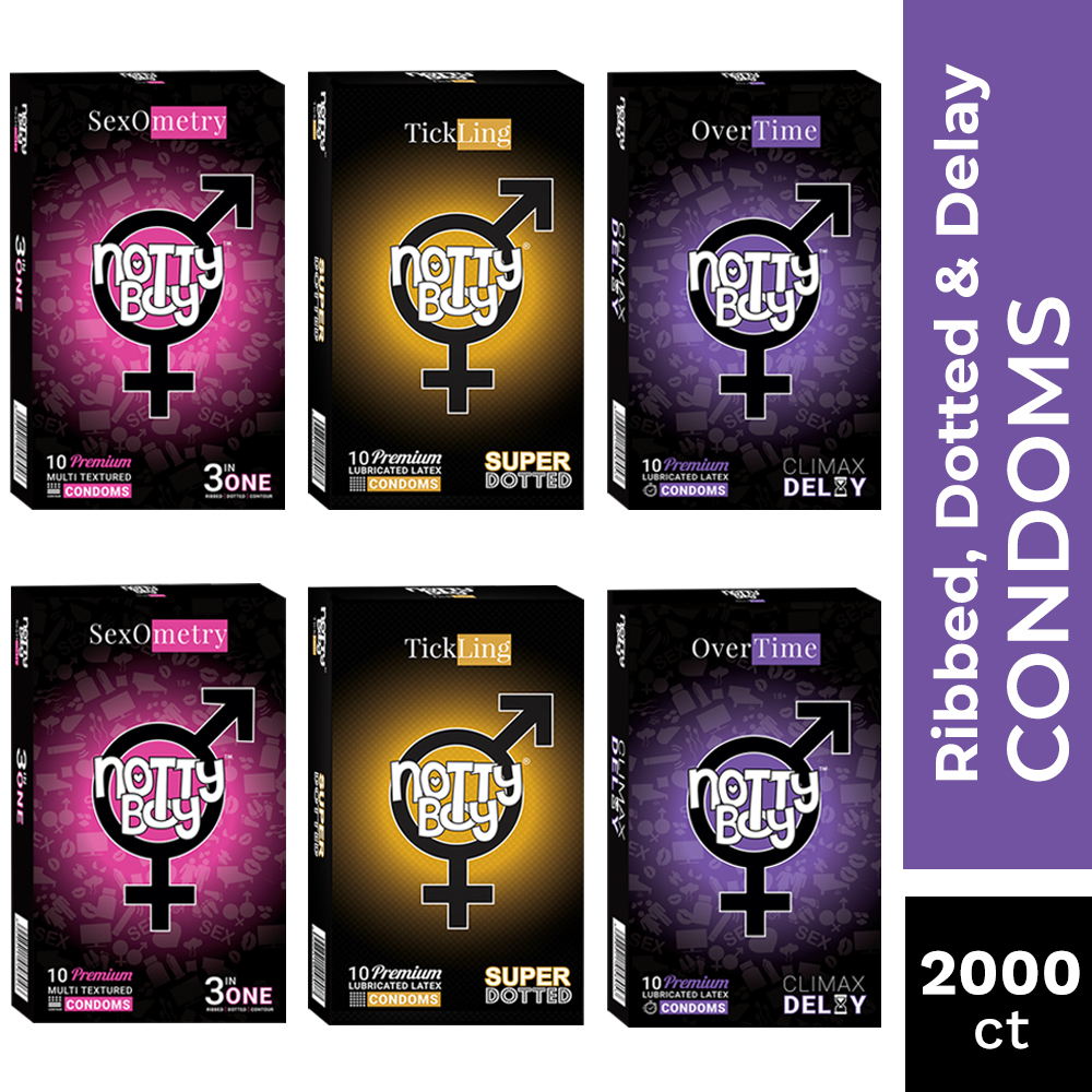 NottyBoy Condoms -Extra Time, Extra Dotted and Multi Textured 3in1 Condoms - Bulk Pack Condom For Men, 2000 Count