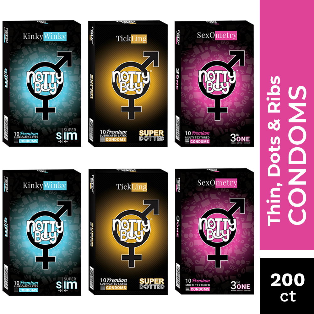 NottyBoy 200 Condoms - Variety Pack of 3in1 Dotted & Ribbed, Extra Dotted and Ultra Thin Lubricated Condoms