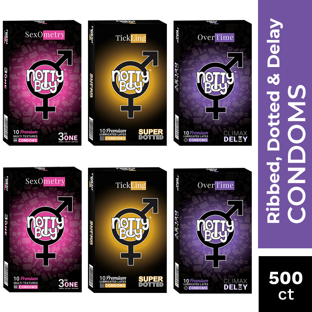 NottyBoy Condoms - 500 Count - A Mix Variety Pack Of Ribs & Dots, Extra Dots and Delay Extra Time Condoms