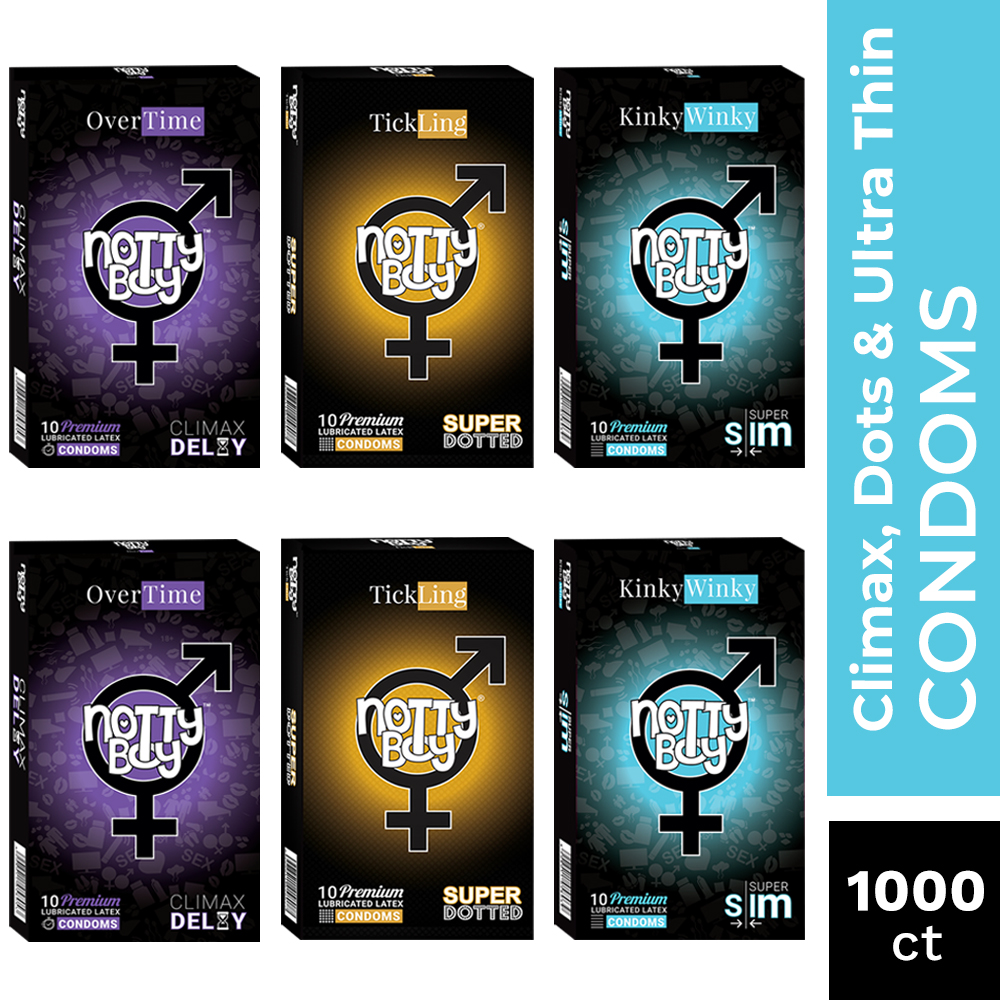 NottyBoy Condoms Variety Pack Of 1000 Ct - Over Time Climax Delay, Extra Thin and Extra Dotted Condoms