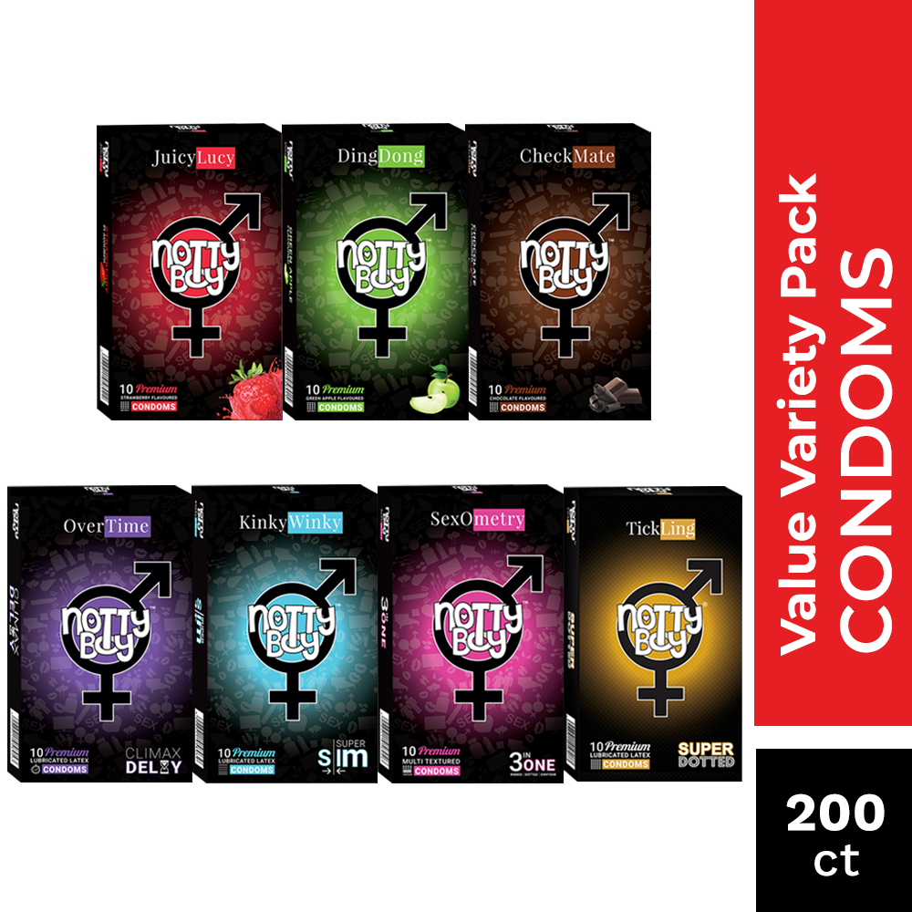 NottyBoy Condoms - An Assortment Of Bulk Condoms For Men - 200 Count - Combination of Ribs, Dots, Thin, Delay, Strawberry, Chocolate and Green Apple Flavor Condoms NottyBoy Condoms - An Assortment Of Bulk Condoms For Men - 200 Count - Combination of Ribs, Dots, Thin, Delay, Strawberry, Cho