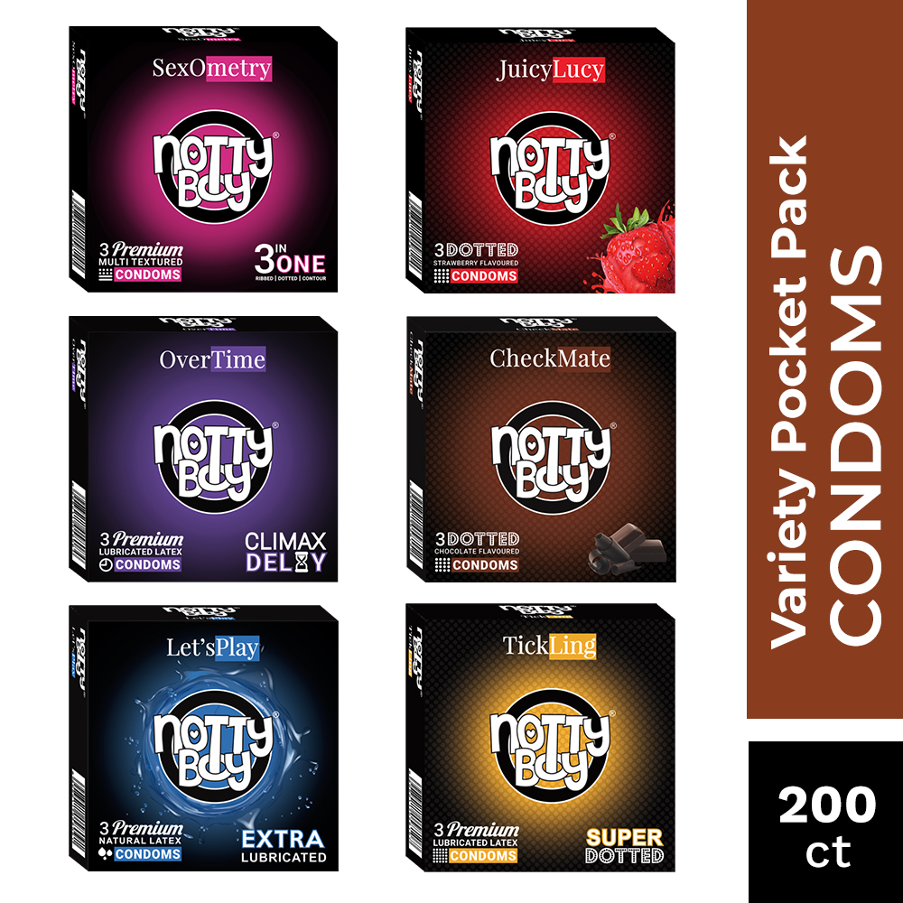 NottyBoy 200 Condoms - An Assortment of Climax Delay, Extra Dots, Extra Smooth, Ribs & Dots and Two Flavored Condoms