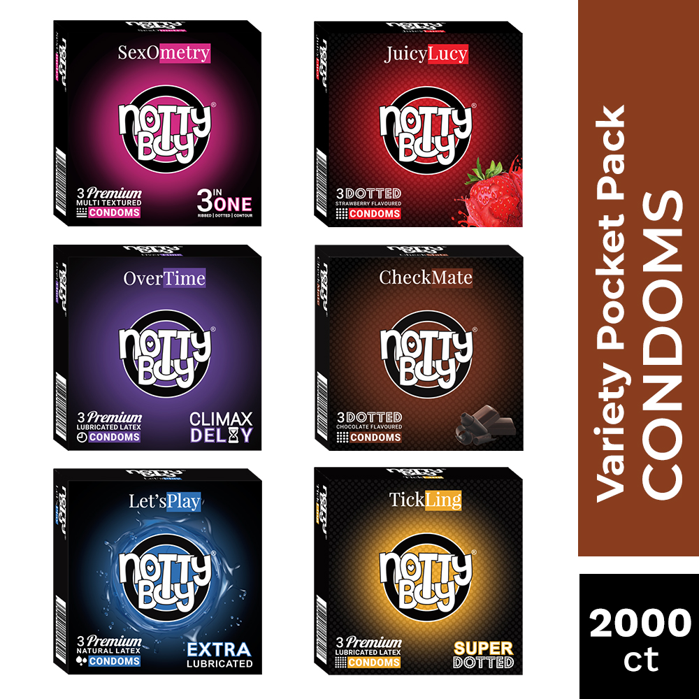 NottyBoy Condoms Bulk Pack Of 2000 Latex Condoms -An Assortment Of OverTime, TickLing, Let'sPlay, 3inOne, JuicyLucy and CheckM