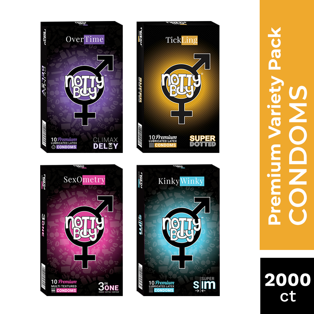NottyBoy Condoms Pack of 2000 -Extra Time, Extra Thin, Extra Dotted and Multi Textured 3in1 Condoms For Men