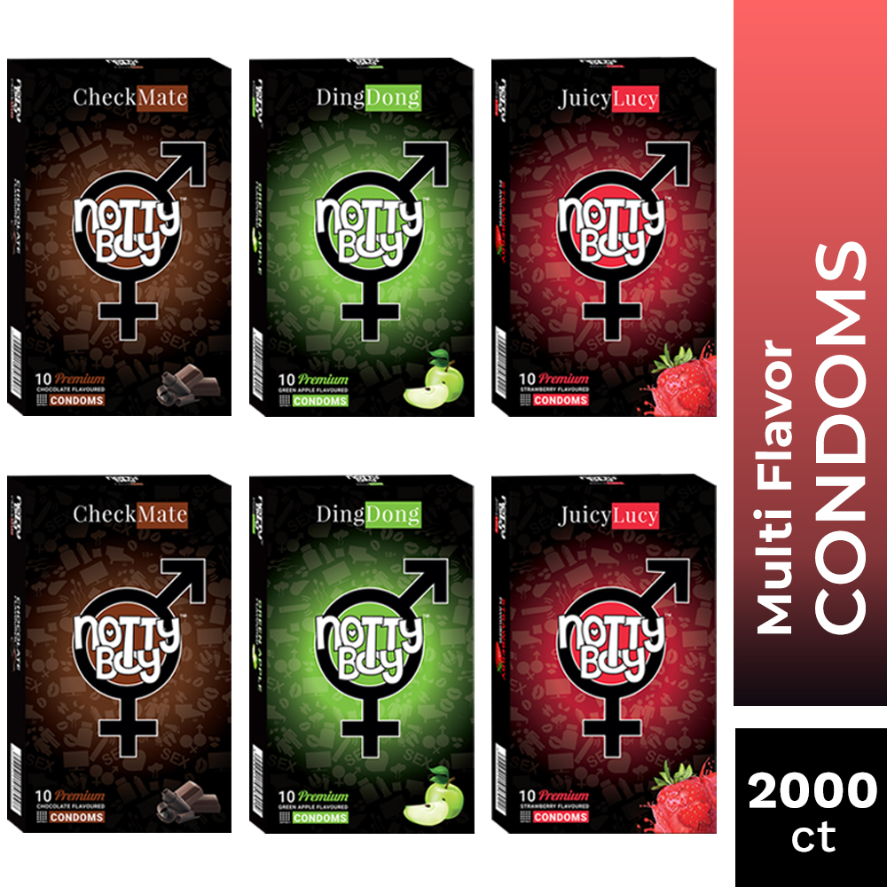 NottyBoy Condoms - An Assortment Of Lubricated Latex Flavor Condoms - Strawberry, Chocolate and Green Apple Flavor - 2000 Ct NottyBoy Condoms - An Assortment Of Lubricated Latex Flavor Condoms - Strawberry, Chocolate and Green Apple Flavor - 2000 Ct
