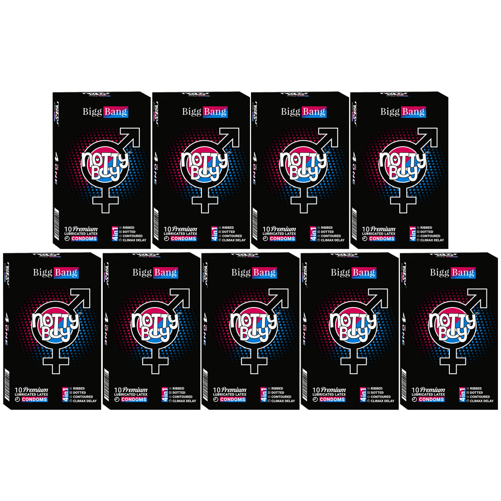 NottyBoy Premium Natural Rubber Latex Ribbed, Dotted, Contour Condoms With Delay Lubricant - 100 Count With Free Disposable Ba
