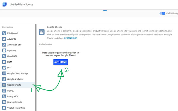 select google sheets data source