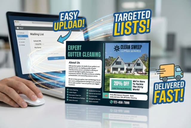 A stack of printed postcards displaying a special offer for downspout clearing, sitting next to a laptop showing a customer spreadsheet.